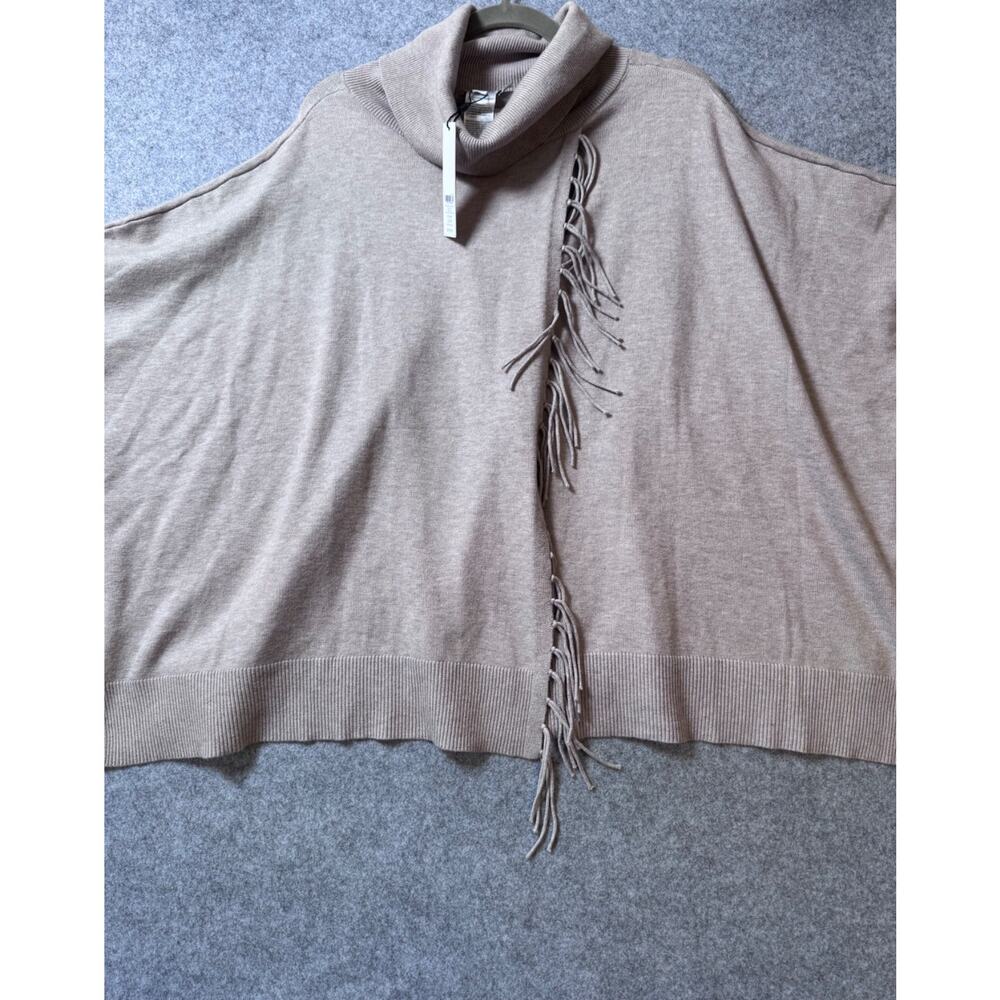 Chico’s Fringe Cowl Neck Poncho Sweater NWT S/M Neutral Taupe Soft Knit - Picture 10 of 11